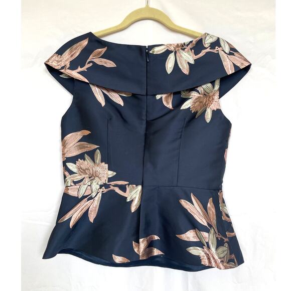 Adrianna Papell Navy Floral Jaquard Formal Party Peplum Top Mother of Bride, 10 - Picture 4 of 7